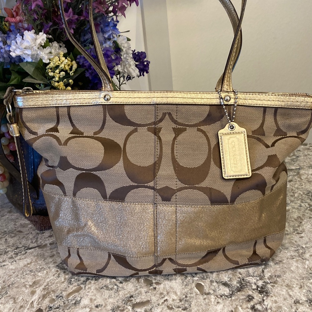 Coach Tan, Brown & Gold Sparkle Shoulder Bag